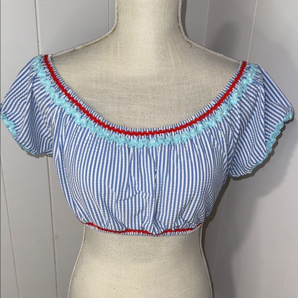 J. Crew Blue Striped Crop Top with Red and Light Blue Trim
